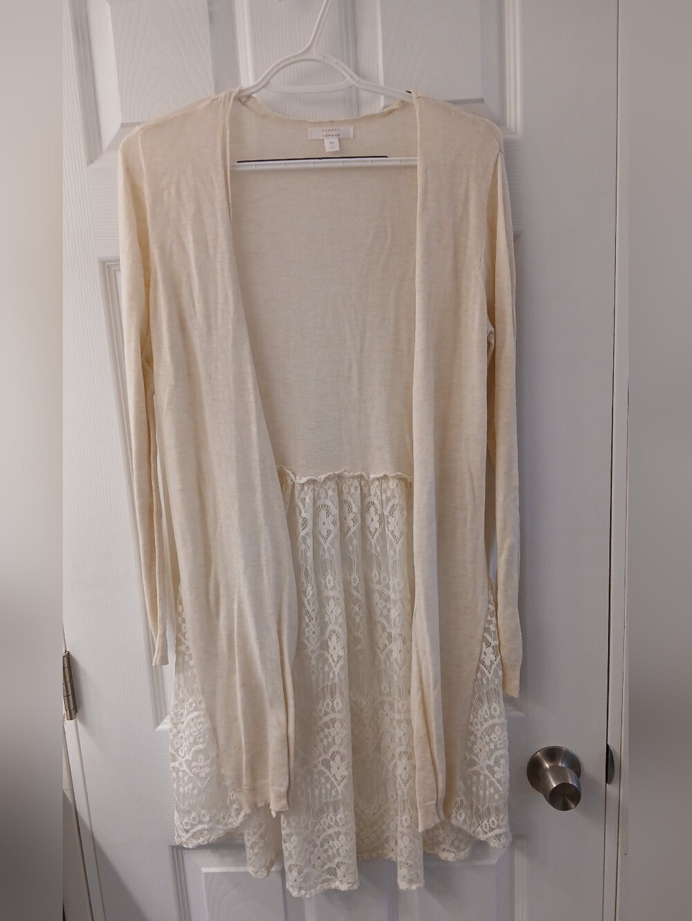 Lauren Conrad Open‑Front Cardigan – Cream Knit w/ Lace Back Panel – Size M
